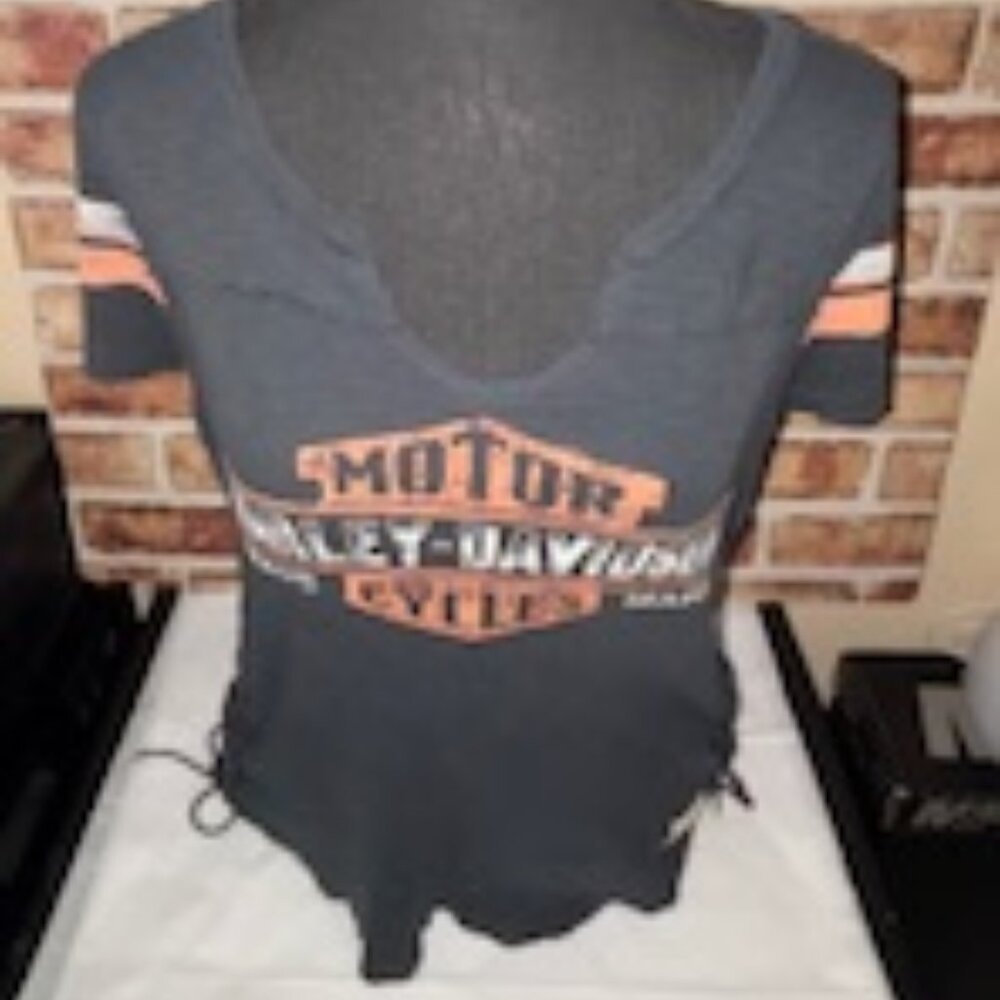 Harley Davidson, Black, White, Orange T-Shirt, Size: Small